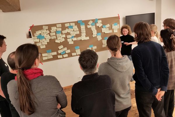 Frau steht vor mit Post-Its befülltem Plakat und spricht zu Gruppe von 9 Personen