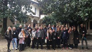 Educators in the University of Pavia’s historic courtyard (Italy) during the EC2U Staff Training Week. Photo credit: JKU