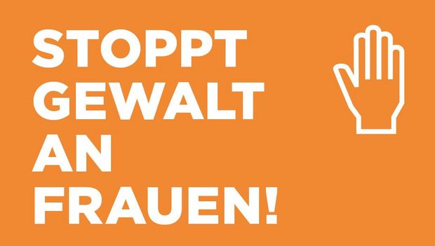 Titelbild Stoppt Gewalt an Frauen - weiße Schrift auf orangem Hintergrund, rechts neben der Schrift findet sich noch eine erhobene Hand die Stopp signalisiert