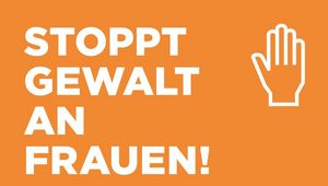 Titelbild Stoppt Gewalt an Frauen - weiße Schrift auf orangem Hintergrund, rechts neben der Schrift findet sich noch eine erhobene Hand die Stopp signalisiert