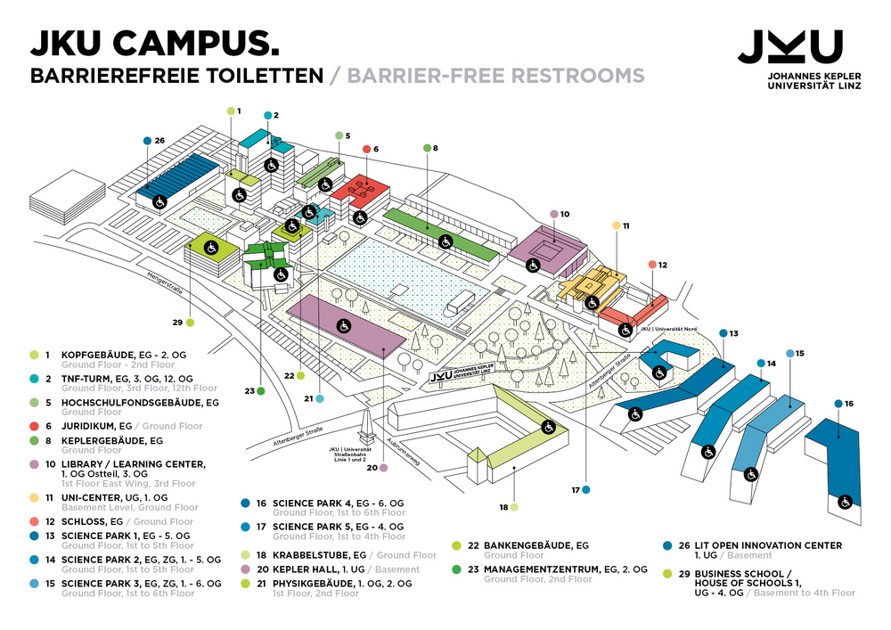 Campusplan der JKU Linz mit Einzeichnung der barrierefreien WCs