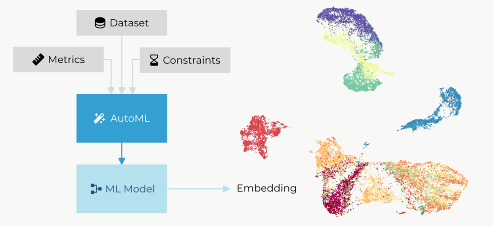 Schematic of the proposed AutoML workflow for creating embeddings