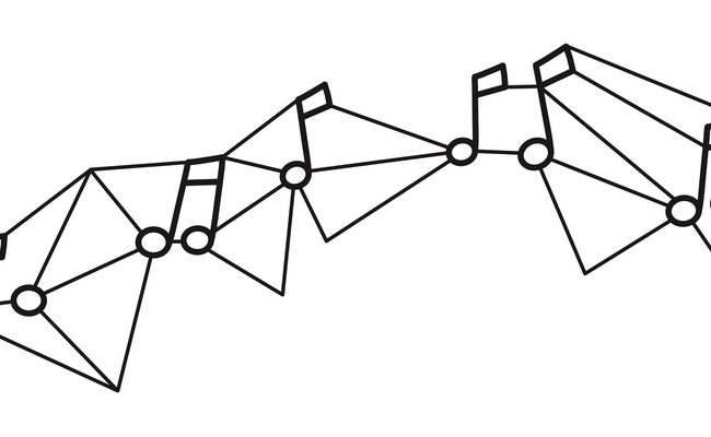 Illustration von Musiknoten, die mit Strichen verbunden sind und so ein Netz bilden