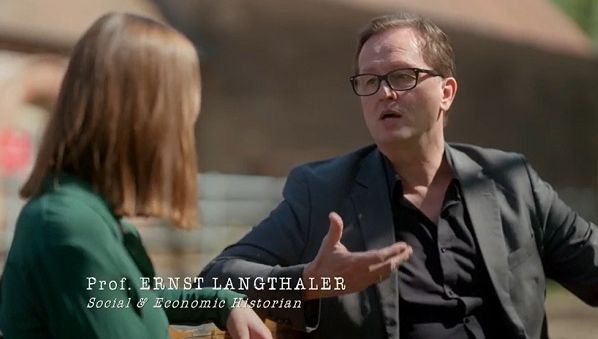 Sophie von der Tann interviewing Ernst Langthaler on a farm near Berlin; photo credit: BBC