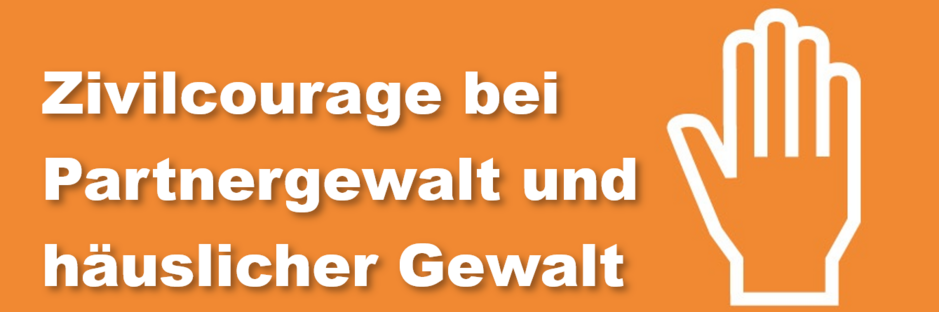 Ausstellungstitel in weißer Schrift auf orangem Hintergrund neben einer erhobenen stilisierten Hand, die Stopp signalsiert.