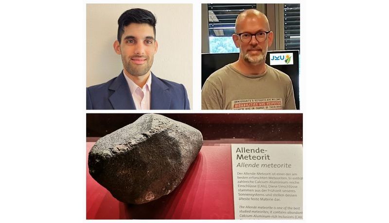 Top, f.l.: Lucas Fernández, Wolfgang Schöfberger, below: meteorite Allende CV3; photo credit: Schöfberger, Fernandez